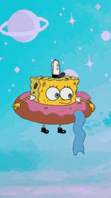 a cartoon drawing of spongebob with a donut on his head and a planet in the background