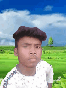 a young man stands in front of a green field with a blue sky