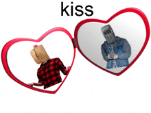 a man with a cell phone on his head is in a heart shaped mirror with the word kiss above him