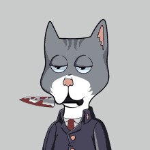 a cartoon cat holding a bloody knife in his mouth