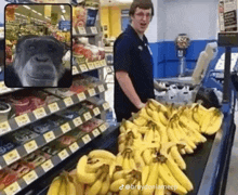 a man standing next to a bunch of bananas in a supermarket