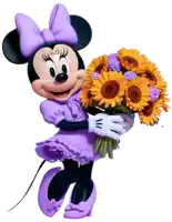 minnie mouse in a purple dress is holding a bunch of sunflowers