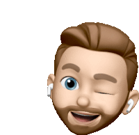 a cartoon face of a man with a beard and ear buds