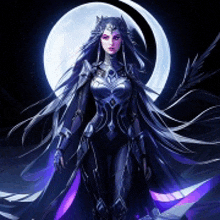 a woman in a black suit is standing in front of a full moon .