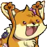 a cartoon fox is raising its arms in the air and smiling .