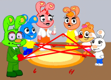 a group of cartoon characters are playing a game with a candle in their hands