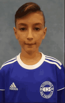 a young boy wearing a blue adidas shirt poses for a picture