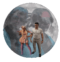 a man and a woman in front of a full moon