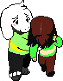 a pixel art of a goat holding a girl 's arm