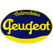 a blue and yellow sign that says peugeot automobiles on it .