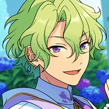 a boy with green hair and purple eyes is smiling .