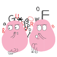 two pink cartoon characters are surrounded by letters including the letters g u and f