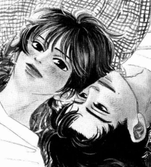 a black and white drawing of a man and a woman laying on their backs looking at each other .