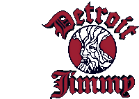 a logo for detroit jimmy with a bearded man in a red circle