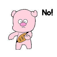 a cartoon pig is holding a piece of bread and says `` no '' .