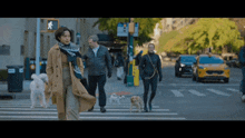 a woman in a trench coat is crossing a street with two dogs in front of a pedestrian crossing sign