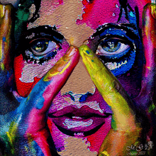 a colorful painting of a woman 's face and hands by marta 2022