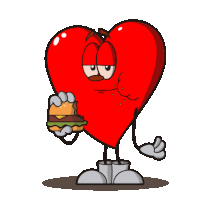 a cartoon heart with arms and legs is holding a cheeseburger