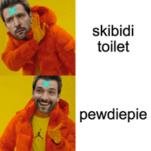 a man in an orange jacket has a blue x on his forehead and says skibidi toilet