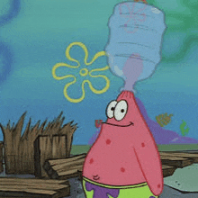 patrick star from spongebob squarepants is drinking water from a bottle .