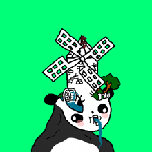 a panda bear with a windmill on its head