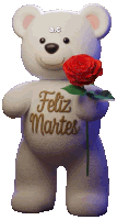 a teddy bear with the words feliz martes on its chest