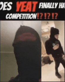 a man in a black hoodie is standing in front of a sign that says " does yeat finally have competition "