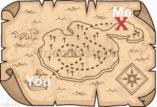 a treasure map with a red x pointing to an island