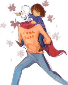 a drawing of a man carrying a child on his shoulders and the man is wearing a shirt that says cool dude