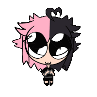 a cartoon character with pink and black hair and a heart on her head