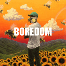 a painting of a man surrounded by bees with the word boredom on the bottom right