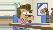 a cartoon girl is eating a hot dog in front of a sign that says 2 for $ 2.00