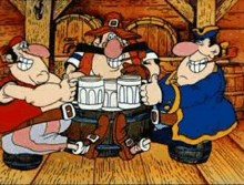 a group of cartoon characters are sitting around a table holding beer mugs .