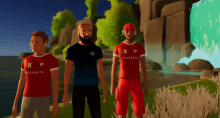 three men are standing in front of a waterfall and wearing shirts that say openbeta