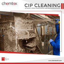 an ad for chemtex shows a man cleaning a machine