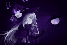 a witch with long white hair and a purple hat is holding a lantern in her hand .