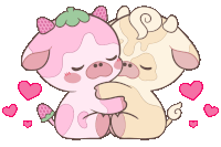 a drawing of two cows hugging each other with strawberries on their heads