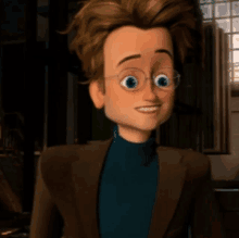 a cartoon character wearing glasses and a brown jacket