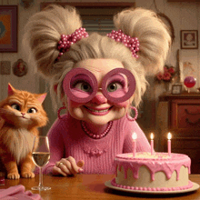 a woman in a pink sweater is sitting at a table with a cat and a birthday cake