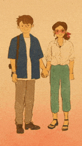 a man and a woman are holding hands and smiling