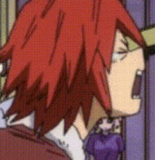a close up of a cartoon character with red hair and a purple shirt .