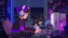 a pixel art of a boy sitting at a desk using a computer with headphones on .