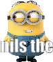 a minion wearing goggles and overalls with the words `` nils the '' written on his chest .