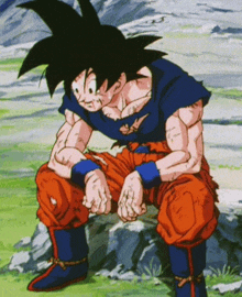 a cartoon character is sitting on a rock with his hands on his knees