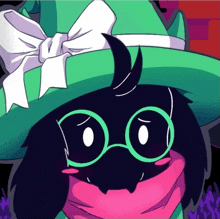 a close up of a cartoon character with a green hat and glasses