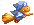 a pixel art drawing of a bird flying on a broom .