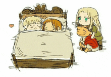 a cartoon drawing of a bed with three people sleeping on it