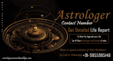 a poster that says astrologer contact number get detailed life report to help you upgrade your life