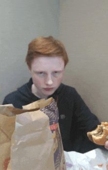 a boy with red hair is eating a hamburger from a bag that says mcdonald 's on it