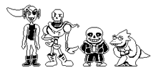 a group of skeletons standing next to each other in a pixel art style .